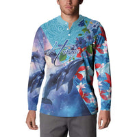 Hawaii Aloha Whales Button Sweatshirt Hibiscus and Whales with Polynesian Pattern - Polynesian Pride