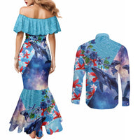 Hawaii Aloha Whales Couples Matching Mermaid Dress and Long Sleeve Button Shirt Hibiscus and Whales with Polynesian Pattern - Polynesian Pride