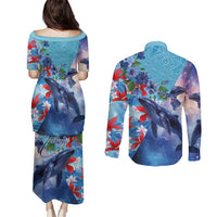 Hawaii Aloha Whales Couples Matching Puletasi and Long Sleeve Button Shirt Hibiscus and Whales with Polynesian Pattern - Polynesian Pride