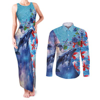 Hawaii Aloha Whales Couples Matching Tank Maxi Dress and Long Sleeve Button Shirt Hibiscus and Whales with Polynesian Pattern - Polynesian Pride