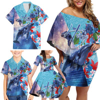 Hawaii Aloha Whales Family Matching Off Shoulder Short Dress and Hawaiian Shirt Hibiscus and Whales with Polynesian Pattern - Polynesian Pride