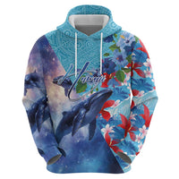 Hawaii Aloha Whales Hoodie Hibiscus and Whales with Polynesian Pattern - Polynesian Pride