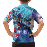 Hawaii Aloha Whales Kid Hawaiian Shirt Hibiscus and Whales with Polynesian Pattern - Polynesian Pride