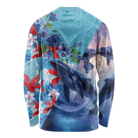 Hawaii Aloha Whales Long Sleeve Shirt Hibiscus and Whales with Polynesian Pattern - Polynesian Pride