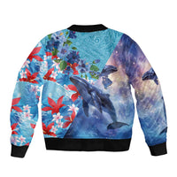 Hawaii Aloha Whales Sleeve Zip Bomber Jacket Hibiscus and Whales with Polynesian Pattern - Polynesian Pride