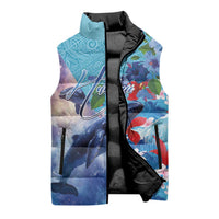 Hawaii Aloha Whales Sleeveless Puffer Jacket Hibiscus and Whales with Polynesian Pattern - Polynesian Pride