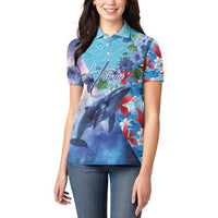 Hawaii Aloha Whales Women Polo Shirt Hibiscus and Whales with Polynesian Pattern - Polynesian Pride