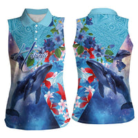 Hawaii Aloha Whales Women Sleeveless Polo Shirt Hibiscus and Whales with Polynesian Pattern - Polynesian Pride