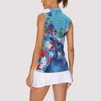 Hawaii Aloha Whales Women Sleeveless Polo Shirt Hibiscus and Whales with Polynesian Pattern - Polynesian Pride
