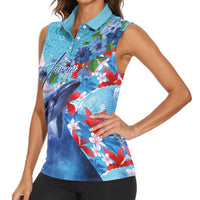 Hawaii Aloha Whales Women Sleeveless Polo Shirt Hibiscus and Whales with Polynesian Pattern - Polynesian Pride