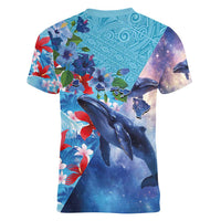 Hawaii Aloha Whales Women V-Neck T-Shirt Hibiscus and Whales with Polynesian Pattern - Polynesian Pride