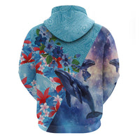 Hawaii Aloha Whales Zip Hoodie Hibiscus and Whales with Polynesian Pattern - Polynesian Pride