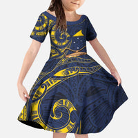 Tokelau Tokehega Day Family Matching Off The Shoulder Long Sleeve Dress and Hawaiian Shirt Coat of Arms with Polynesian Tattoo and Hibiscus LT03 Daughter's Dress Blue - Polynesian Pride