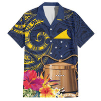Tokelau Tokehega Day Family Matching Off The Shoulder Long Sleeve Dress and Hawaiian Shirt Coat of Arms with Polynesian Tattoo and Hibiscus LT03 Dad's Shirt - Short Sleeve Blue - Polynesian Pride