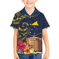 Tokelau Tokehega Day Family Matching Off The Shoulder Long Sleeve Dress and Hawaiian Shirt Coat of Arms with Polynesian Tattoo and Hibiscus LT03 Son's Shirt Blue - Polynesian Pride