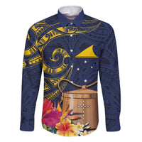 Tokelau Tokehega Day Family Matching Off Shoulder Short Dress and Hawaiian Shirt Coat of Arms with Polynesian Tattoo and Hibiscus LT03 Dad's Shirt - Long Sleeve Blue - Polynesian Pride