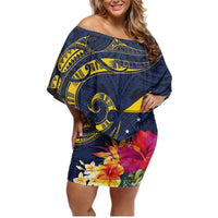 Tokelau Tokehega Day Family Matching Off Shoulder Short Dress and Hawaiian Shirt Coat of Arms with Polynesian Tattoo and Hibiscus LT03 Mom's Dress Blue - Polynesian Pride