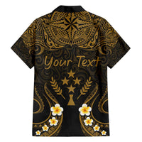 Personalised Kosrae Liberation Day Family Matching Off The Shoulder Long Sleeve Dress and Hawaiian Shirt Polynesian Tattoo and Plumeria Gold Color
