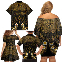 Personalised Kosrae Liberation Day Family Matching Off Shoulder Short Dress and Hawaiian Shirt Polynesian Tattoo and Plumeria Gold Color LT03 - Polynesian Pride