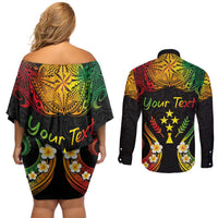 Personalised Kosrae Liberation Day Couples Matching Off Shoulder Short Dress and Long Sleeve Button Shirt Polynesian Tattoo and Plumeria Reggae Color LT03 - Polynesian Pride