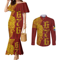 Tonga 676 Ngatu Tribal Tattoo Couples Matching Mermaid Dress and Long Sleeve Button Shirt