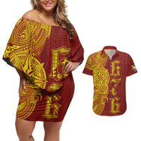 Tonga 676 Ngatu Tribal Tattoo Couples Matching Off Shoulder Short Dress and Hawaiian Shirt LT03 Red - Polynesian Pride