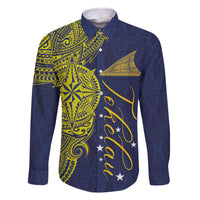 Personalised Tokelau Classic Ngatu Motifs Family Matching Off The Shoulder Long Sleeve Dress and Hawaiian Shirt LT03 Dad's Shirt - Long Sleeve Blue - Polynesian Pride