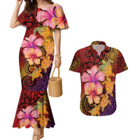 Hawaiian Hibiscus Turtle Tribal Polynesian Pattern Couples Matching Mermaid Dress and Hawaiian Shirt Colorful Color LT03 Red - Polynesian Pride