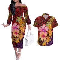 Hawaiian Hibiscus Turtle Tribal Polynesian Pattern Couples Matching Off The Shoulder Long Sleeve Dress and Hawaiian Shirt Colorful Color LT03 Red - Polynesian Pride