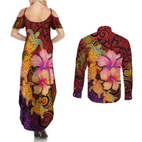 Hawaiian Hibiscus Turtle Tribal Polynesian Pattern Couples Matching Summer Maxi Dress and Long Sleeve Button Shirt Colorful Color LT03 - Polynesian Pride
