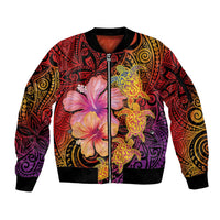 Hawaiian Hibiscus Turtle Tribal Polynesian Pattern Sleeve Zip Bomber Jacket Colorful Color LT03 Unisex Red - Polynesian Pride