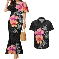 Hawaiian Hibiscus Turtle Tribal Polynesian Pattern Couples Matching Mermaid Dress and Hawaiian Shirt Black Color LT03 Black - Polynesian Pride