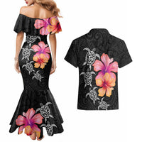 Hawaiian Hibiscus Turtle Tribal Polynesian Pattern Couples Matching Mermaid Dress and Hawaiian Shirt Black Color LT03 - Polynesian Pride
