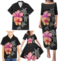 Hawaiian Hibiscus Turtle Tribal Polynesian Pattern Family Matching Puletasi and Hawaiian Shirt Black Color LT03 - Polynesian Pride