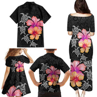 Hawaiian Hibiscus Turtle Tribal Polynesian Pattern Family Matching Puletasi and Hawaiian Shirt Black Color LT03 - Polynesian Pride