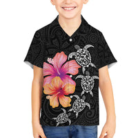 Hawaiian Hibiscus Turtle Tribal Polynesian Pattern Family Matching Puletasi and Hawaiian Shirt Black Color LT03 Son's Shirt Black - Polynesian Pride