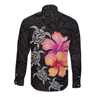 Hawaiian Hibiscus Turtle Tribal Polynesian Pattern Long Sleeve Button Shirt Black Color LT03 - Polynesian Pride