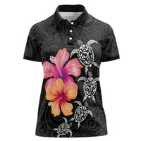 Hawaiian Hibiscus Turtle Tribal Polynesian Pattern Women Polo Shirt Black Color