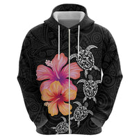 Hawaiian Hibiscus Turtle Tribal Polynesian Pattern Zip Hoodie Black Color LT03 - Polynesian Pride