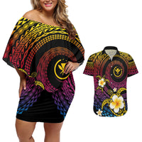 Hawaiian Plumeria Turtle Tribal Spiral Polynesian Tattoo Couples Matching Off Shoulder Short Dress and Hawaiian Shirt Fanciful Color