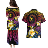 Hawaiian Plumeria Turtle Tribal Spiral Polynesian Tattoo Couples Matching Puletasi and Hawaiian Shirt Fanciful Color
