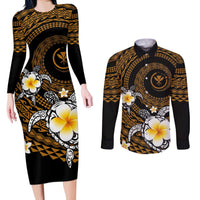Hawaiian Plumeria Turtle Tribal Spiral Polynesian Tattoo Couples Matching Long Sleeve Bodycon Dress and Long Sleeve Button Shirt Gold Color