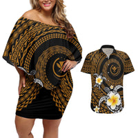 Hawaiian Plumeria Turtle Tribal Spiral Polynesian Tattoo Couples Matching Off Shoulder Short Dress and Hawaiian Shirt Gold Color