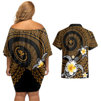 Hawaiian Plumeria Turtle Tribal Spiral Polynesian Tattoo Couples Matching Off Shoulder Short Dress and Hawaiian Shirt Gold Color
