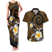 Hawaiian Plumeria Turtle Tribal Spiral Polynesian Tattoo Couples Matching Tank Maxi Dress and Hawaiian Shirt Gold Color