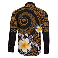 Hawaiian Plumeria Turtle Tribal Spiral Polynesian Tattoo Family Matching Off Shoulder Short Dress and Hawaiian Shirt Gold Color