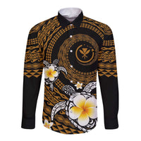 Hawaiian Plumeria Turtle Tribal Spiral Polynesian Tattoo Long Sleeve Button Shirt Gold Color LT03 Unisex Gold - Polynesian Pride