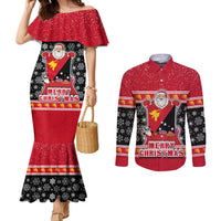 Papua New Guinea Christmas Couples Matching Mermaid Dress and Long Sleeve Button Shirts Santa With Flag Of PNG Polynesian Tribal Xmas Vibe LT03 Red - Polynesian Pride