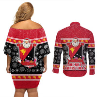 Papua New Guinea Christmas Couples Matching Off Shoulder Short Dress and Long Sleeve Button Shirts Santa With Flag Of PNG Polynesian Tribal Xmas Vibe LT03 - Polynesian Pride