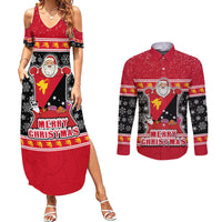 Papua New Guinea Christmas Couples Matching Summer Maxi Dress and Long Sleeve Button Shirts Santa With Flag Of PNG Polynesian Tribal Xmas Vibe LT03 Red - Polynesian Pride